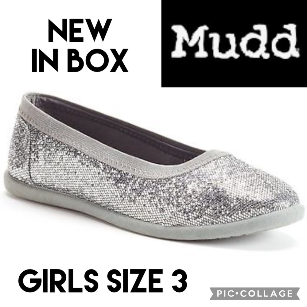 NEW Mudd Girls Shoes Holley Pewter Silver Sparkly Slip On Dress Flats Party Sz 3